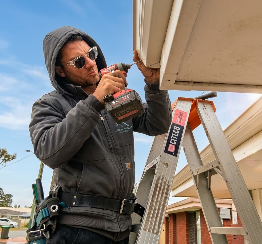 Renovaroof Solution roofer driving a screw into a fascia board with a cordless drill, working from a ladder